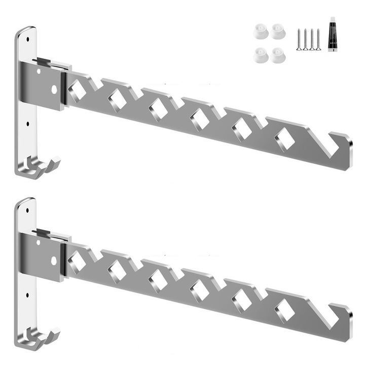 Set 2 Suport Pentru Umerase Pliabil, Axroad Mall, Cu 6 carlige, Rotatie 180°, Rezistent la rugina, Impermeabil, 2 moduri de instalare, cuie si lipici, Montare perete, Util Acasa Si La Birou, Aliaj de aluminiu, 34x3x13cm, Gun Grey