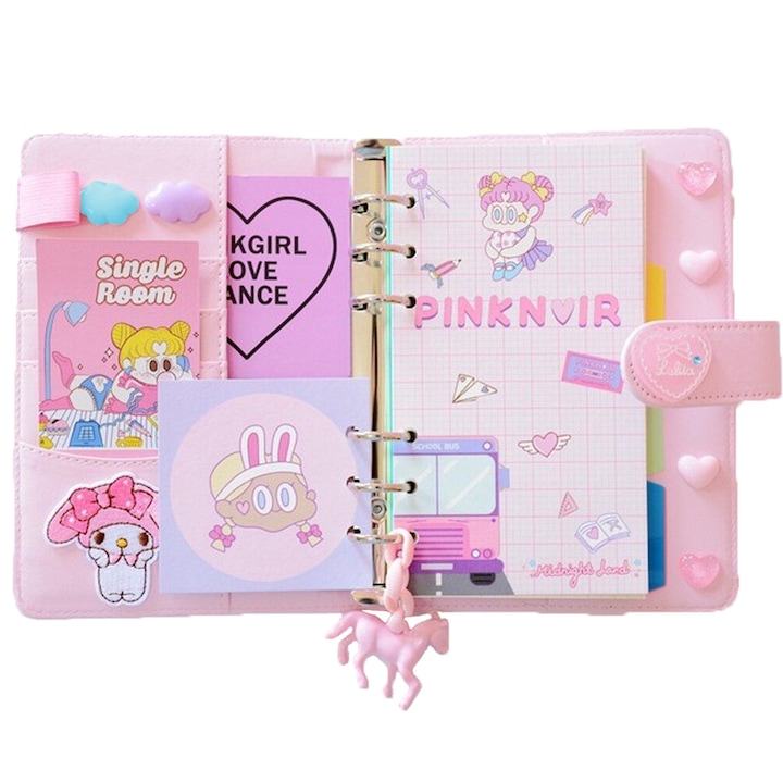 Set Agenda Planificator A6, Axroad Mall, 40 grila+40 linie orizontala, Cu autocolante, clip, stilou, ornamente suspendate, lipici, Usor de scris, Perfect de transportat, Pentru serviciu, acasa, scoala, PU, 13x19cm, Roz