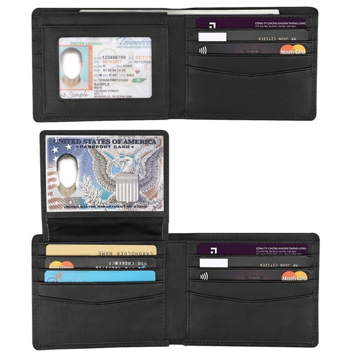 Portofel Barbati, Axroad Mall, Portofel slim din piele naturala, 10 sloturi, Blocare RFID, Cu protectie antifurt, Pliabil, Impermeabil si rezistent la murdarie, Pentru depozitarea carduri, bancnota, 11.5 x 9 x 1.5mm, Negru