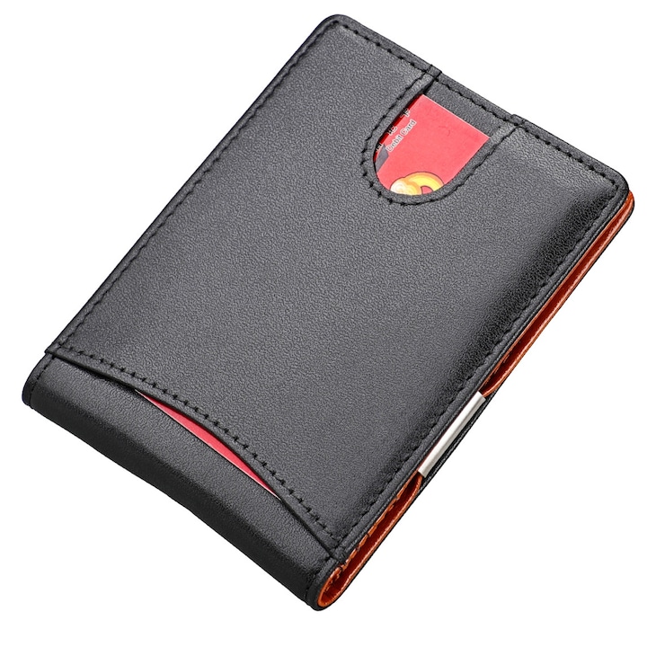 Тънък мъжки портфейл, Axroad Mall, портфейл от естествена кожа, RFID защита, сгъваем, с метална щипка, унисекс, използван за съхранение на банкноти, документи, банкови карти, 107 x 80 x 10 mm, черен/кафяв