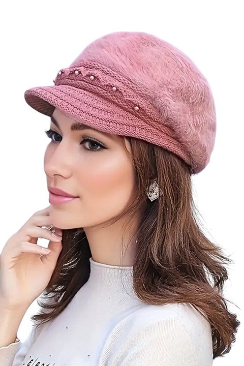 Caciula dama, model cu cozoroc si accesorii delicate, tip bereta calduroasa, tematica fashion winter, marime universala, roz inchis, EFAYN