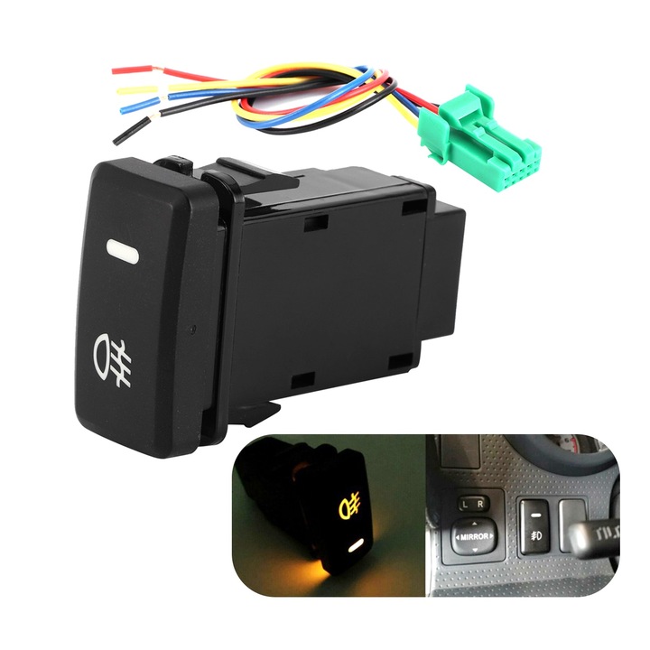 Ködlámpa kapcsoló gomb, Toyotához kapható, 12V, DRL, LED jelzőlámpával, 60x39x21mm, normál méretű, fekete