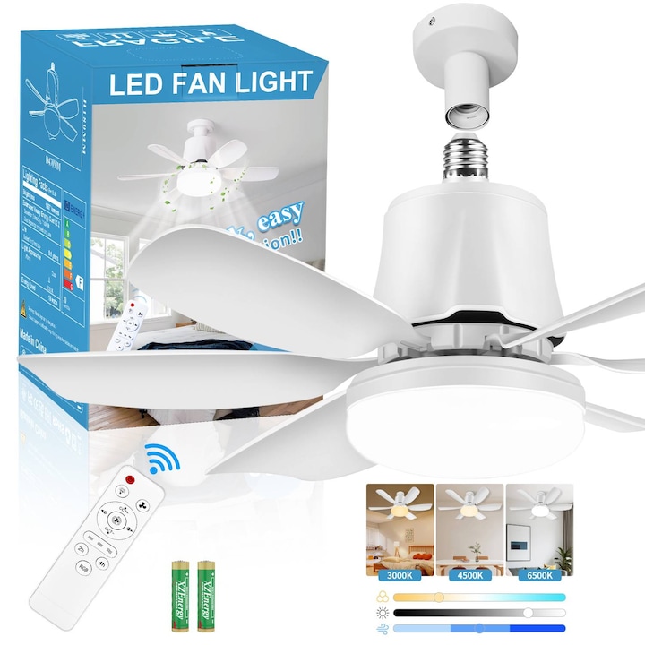 Вентилатор за таван с LED осветление, BYLIFITY, G5482W, безшумен двигател, E26/E27, естествена/студена/топла светлина, 3000K-6500K регулируем интензитет, дистанционно управление, 3 скорости, таймер, подвижни перки на вентилатора, бял
