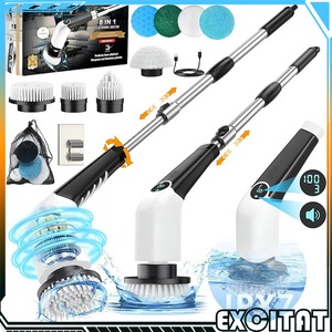 Perie electrica rotativa pentru curatare eficienta fara efort, maner extensibil, multifunctionala fara fir, USB, 3 viteze, prompt vocal, pentru diverse suprafete, cu 8 capete detasabile, IPX7, 260 - 420 Rotatii pe Minut, Excitat®, Negru/Alb