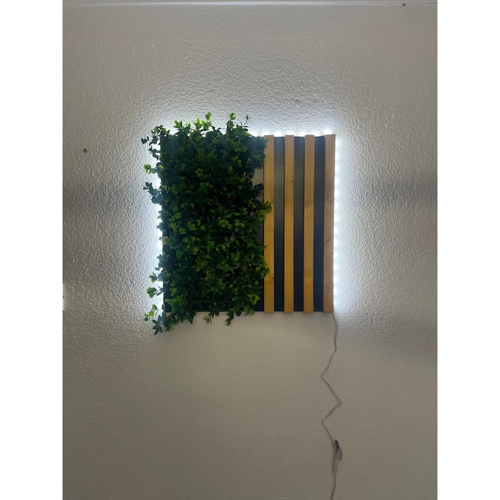 Decor perete cu LED si riflaje Mobleto®, Iarba Artificiala, MDF, 50x50CM, Riflaj din Lemn, Panou Grilaj din Lemn, tablou licheni, Placaj Perete Decorativ din Lemn, Lemn Stejar, Amenajari Interioare, Baie, Hol