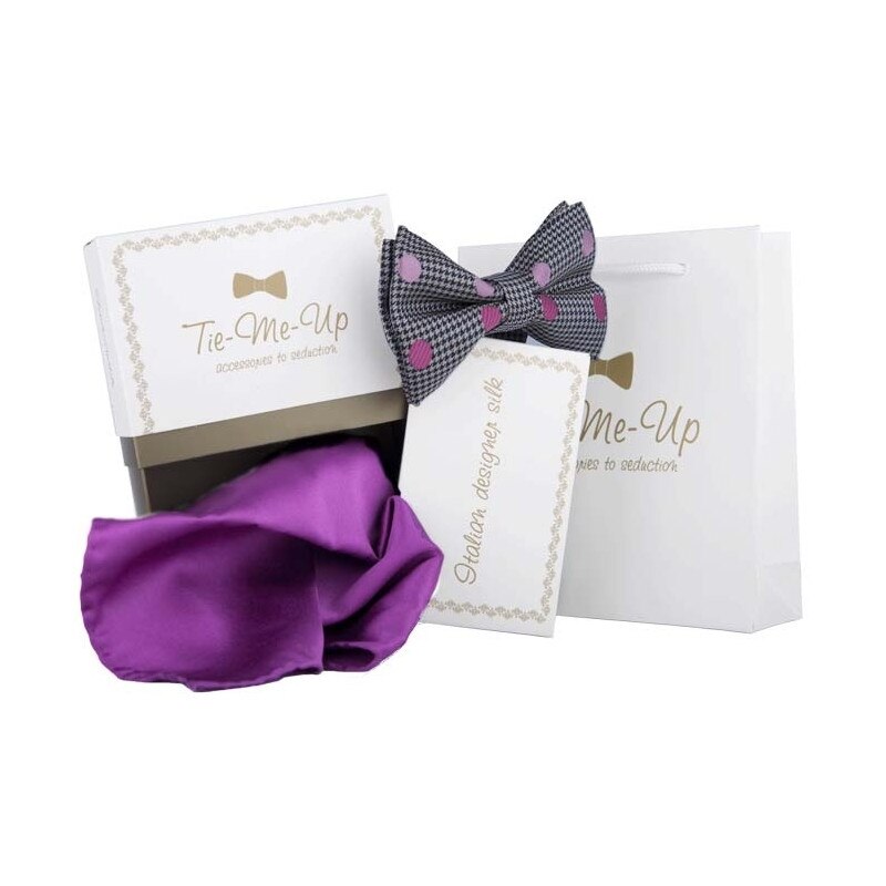 Set Papion cu batista matase naturala carouri cu buline roz