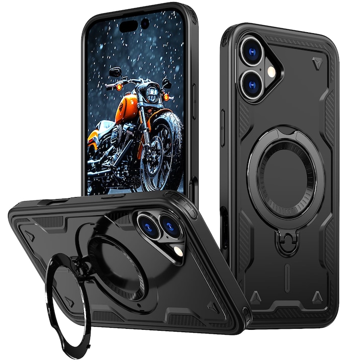 Husa pentru iPhone 16 Plus, compatibil cu MagSafe, CloudCradle, Suport pivotant 360, Protectia militara impotriva caderilor Shockproof Durable Soft TPU + PC Slim Phone Case,, Negru