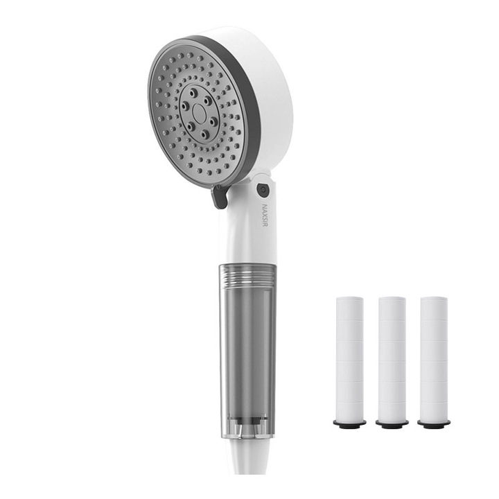 Душ слушалка, NAXSIR, силиконови дюзи против запушване, идва с превключвател, 3 режима на струя, 3 памучни филтъра, ABS, бял