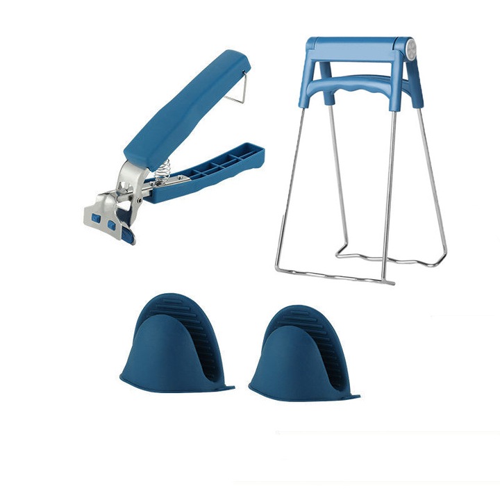 Set 3 bucati de ustensile de bucatarie anti fierbere, Manusi rezistente la caldura, Clema pentru bol anti-scalda, Unelte de bucatarie, Multifunctional, Silicon de inalta calitate, Albastru