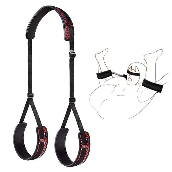 Set BDSM pentru cupluri, set restraints pat, Legatura de coapsa Bondage Sling Leg, Reglabil, Include eyepatch, Universal, Rosu