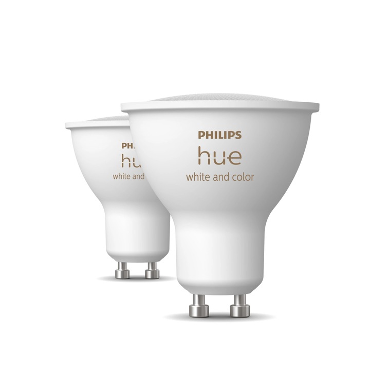 Комплект 2 Смарт RGBW LED крушки Philips Hue, Bluetooth, Zigbee, GU10, 4,2 W, 400 lm, Бяла и цветна околна светлина, Енергиен клас E