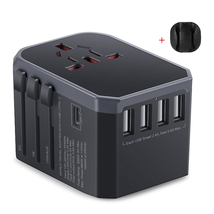 Adaptor de Calatorie Universal, Incarcator de Perete International cu Adaptor de Priza AC si Putere Inteligenta de 5.6A si USB Type-C de 3.0A pentru SUA, UE, UK, AUS, cu organizator de cabluri, Gri