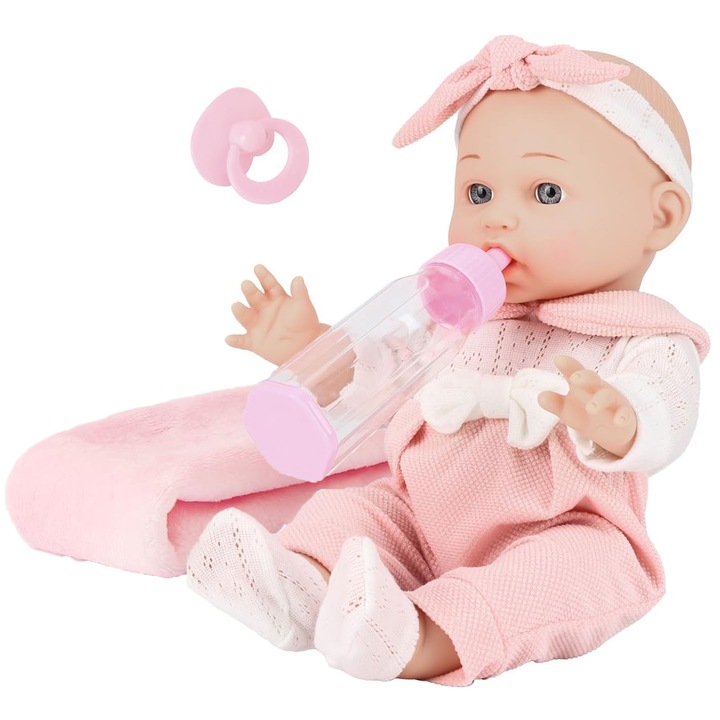 Papusa Bebelus pentru Copii, Hggzeg, 30cm, Aspect realist, Imbracaminte detasabila, Membrele rotative, Include suzeta, biberon, paturica, Pentru jocuri de rol, jocuri de ingrijire si colectionari, Vinil/textile/PP, Roz/Alb