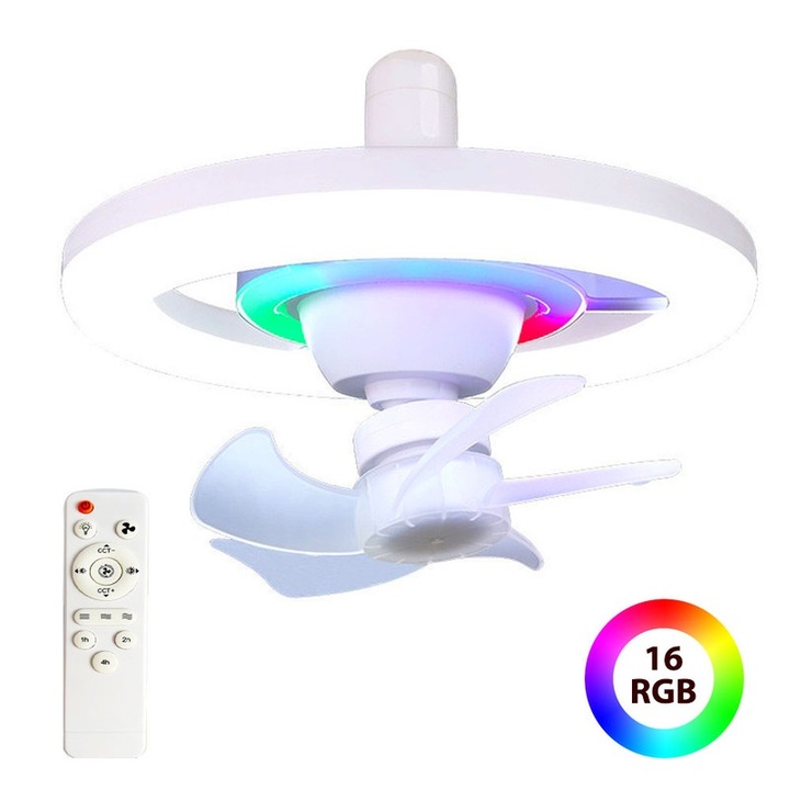 Ventilator cu lumina RGB, KUIIYER, 16 culori, 3 viteze, diametru 26cm, zgomot redus, abajur acrilic, alb, cu telecomanda, E27