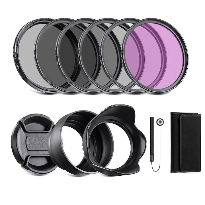 11 szűrő készlet ND2, ND4, ND8, UV, CPL, FLD, 58 mm, JENUOS®, kiegyensúlyozott expozíció, Csökkenti a tükröződést, Védi a lencsét, Blokkolja az ultraibolya sugarakat, HD, Fekete