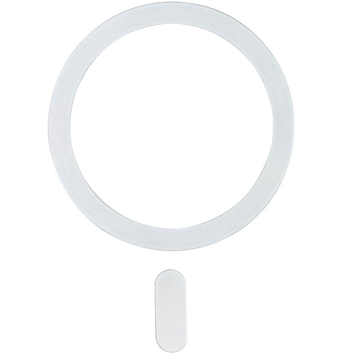 Inel magnetic, compatibil cu Magsafe, Atasare cu adeziv pe husa sau direct pe telefon, Compatibila cu suporturile auto si cu incarcare MagSafe, Alb