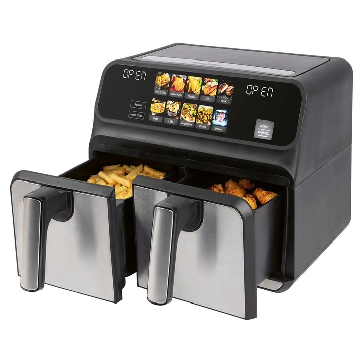 Фритюрник с горещ въздух Proficook, PC-FR1287H, Двоен, без олио, капацитет 8 литра, 9 автоматични програми, индивидуално регулируема температура 50-200°C, бързо нагряване, таймер, звуков сигнал, сензор за допир, защита от прегряване, черен