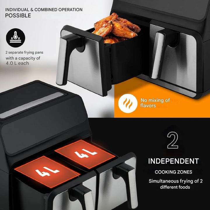 ProfiCook PC-FR 1287 AirFryer Forrólevegős sütő 2x4L 2200 Watt - Fekete / Inox (PC-FR 1287)