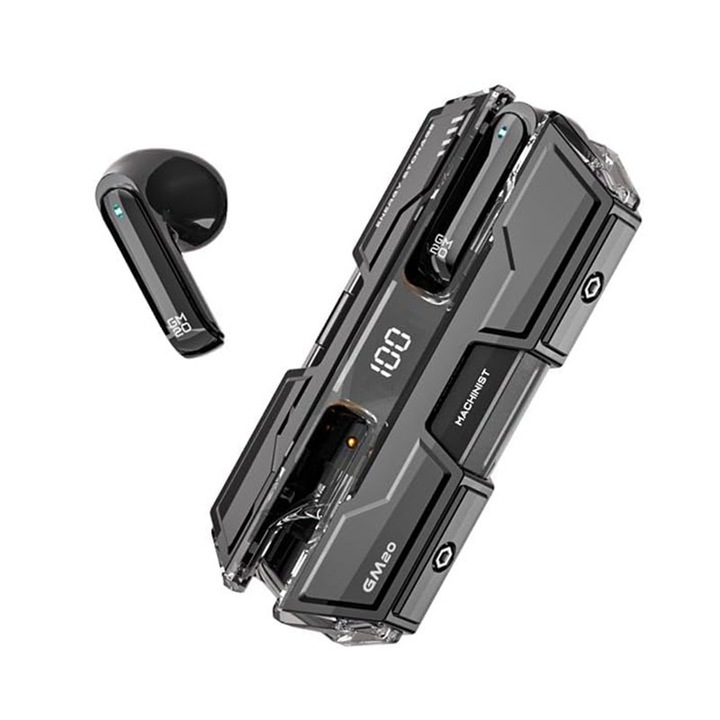 Безжични Bluetooth слушалки GM20, Bluetooth 5.2, за поставяне в ушите, безжични, спортни, водоустойчиви и шумопотискащи, с микрофон, LED mecha калъф за зареждане, универсални, черни