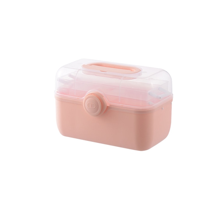 Кутия за съхранение на лекарства, Axroad Mall, Неплъзгаща се дръжка, опора за повдигане, Предпазна ключалка, С 3 отделения, малка кутия за хапчета, За семейство, пътуване и спешна употреба, Полипропилен, 33,5x22,5x22,5 см, Розов