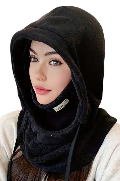 Caciula dama, model calduros tip cagula, cu guler inalt, reglabila, tematica ski is my passion, marime universala, neagra, EFAYN