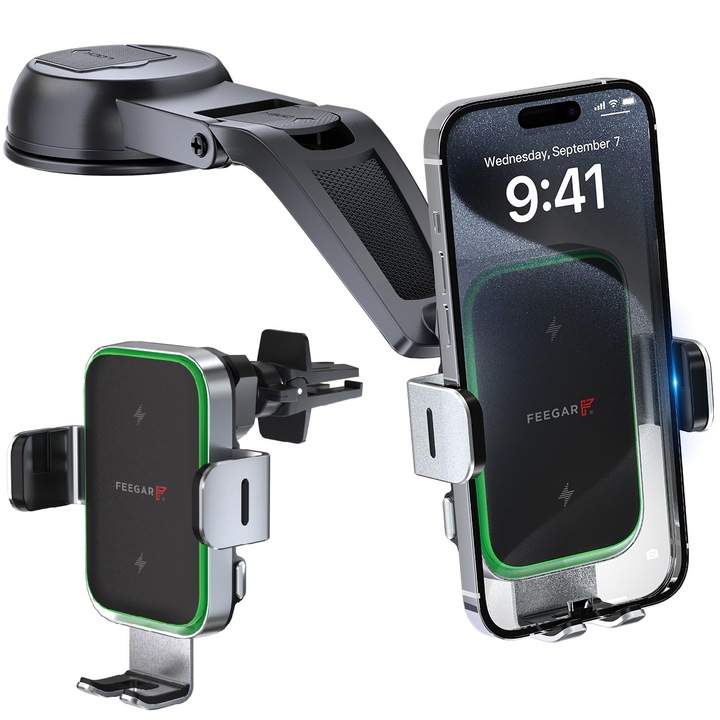 Autós telefontartó, Feegar QH400, Automatikus indukciós markolat, vezeték nélküli 15W, Fekete, Szélvédőre vagy műszerfalra szerelhető, Rácsra szerelhető, 360 fokos állíthatóságú, Univerzális