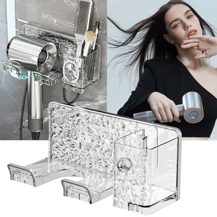 Suport pentru uscator de par, Excitat, Cu compartiment mare de depozitare si maner, Cu functie de stocare a mufei de cablu, stil usor de lux, montat pe perete, potrivit pentru diverse tipuri de uscator de par, rezistent la apa, transparent