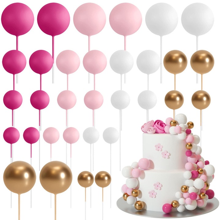 Set 32 Decoratiuni Topper Tort, Axroad Mall, 4 marimi 2/2.5/3/4cm, Usor de instalat, Durabil, Ecologice, Fara decolorare, Pentru petreceri de nastere, baby shower, petreceri in gradina, Spuma/Sarma de fier, Roz/Alb/Auriu