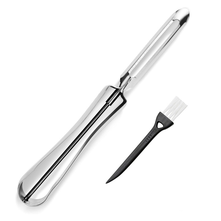 Zöldség- és gyümölcshámozó, SIBINTA, 2db, Ecsettel, Időt takarít meg, Ergonomikus nyéllel, Könnyen hámozható, Tartós, Hordozható, Rozsdamentes, Mosogatógépben mosható, Rozsdamentes acél, 17x1,5 cm, Ezüst