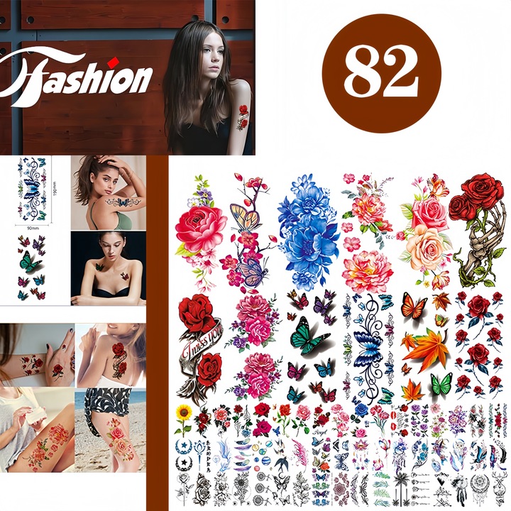 Set 82 tatuaje temporare, Excitat, Flori/trandafiri/fluturi, diverse stiluri, Durabil, Rezistent la apa, Usor de curatat, Pentru fata, brat, talie, incheietura mainii, picior, Material de siguranta, Potrivit pentru femei, fete, copii, multicolor