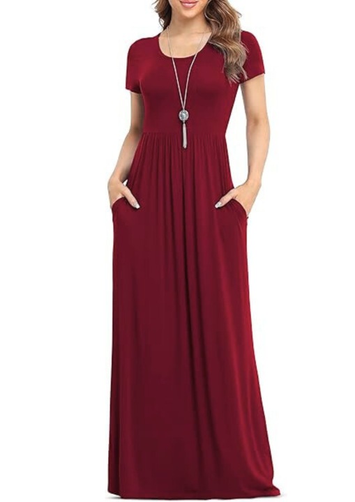 Rochie lunga de vara, PLOKNRD, cu buzunare, elastica, marimea L, Rosu bordo