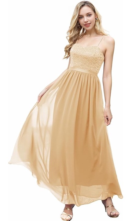 Дълга дамска рокля DRESSTELLS с регулиращи се презрамки, цвят шампанско, Шампанско