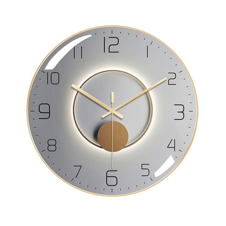 Ceas decorativ de perete, 30 cm, sticla securizata, cadran ingust, auriu, functionare silentioasa