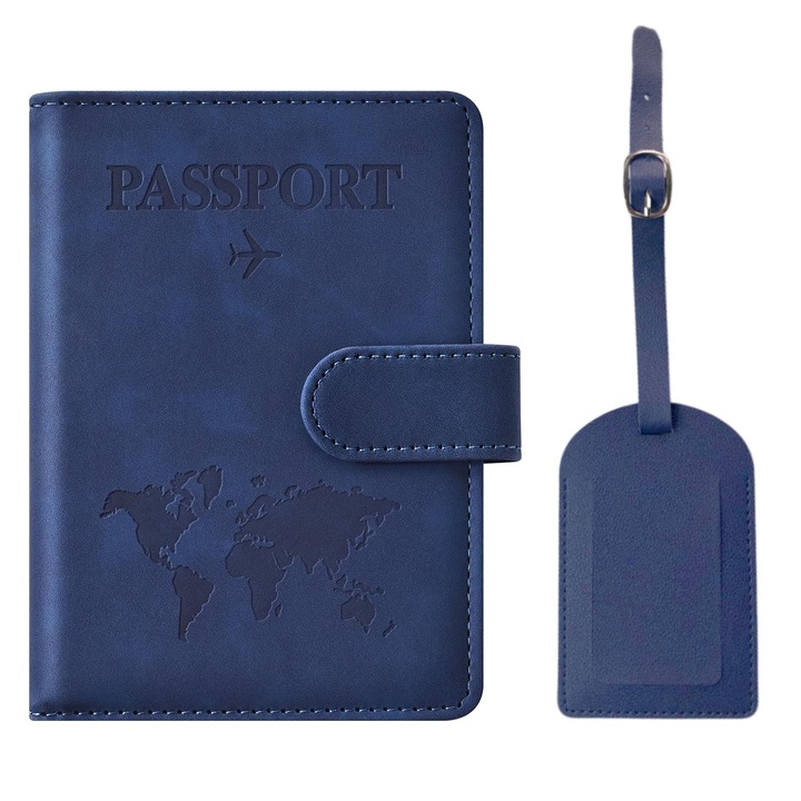 Калъф за паспорт, SINBINTA, С етикет за багаж, Много отделения, RFID технология за блокиране, Със слотове за карти, Място за самолетен билет, визитки, кредитни карти, Еко кожа, 14.8x11cm, Син