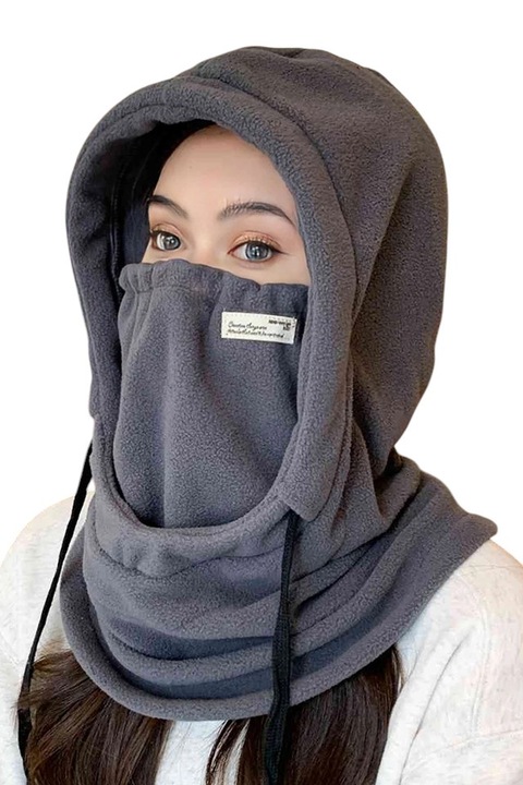 Caciula dama, model calduros tip cagula, cu guler inalt, reglabila, tematica ski is my passion, marime universala, gri, EFAYN