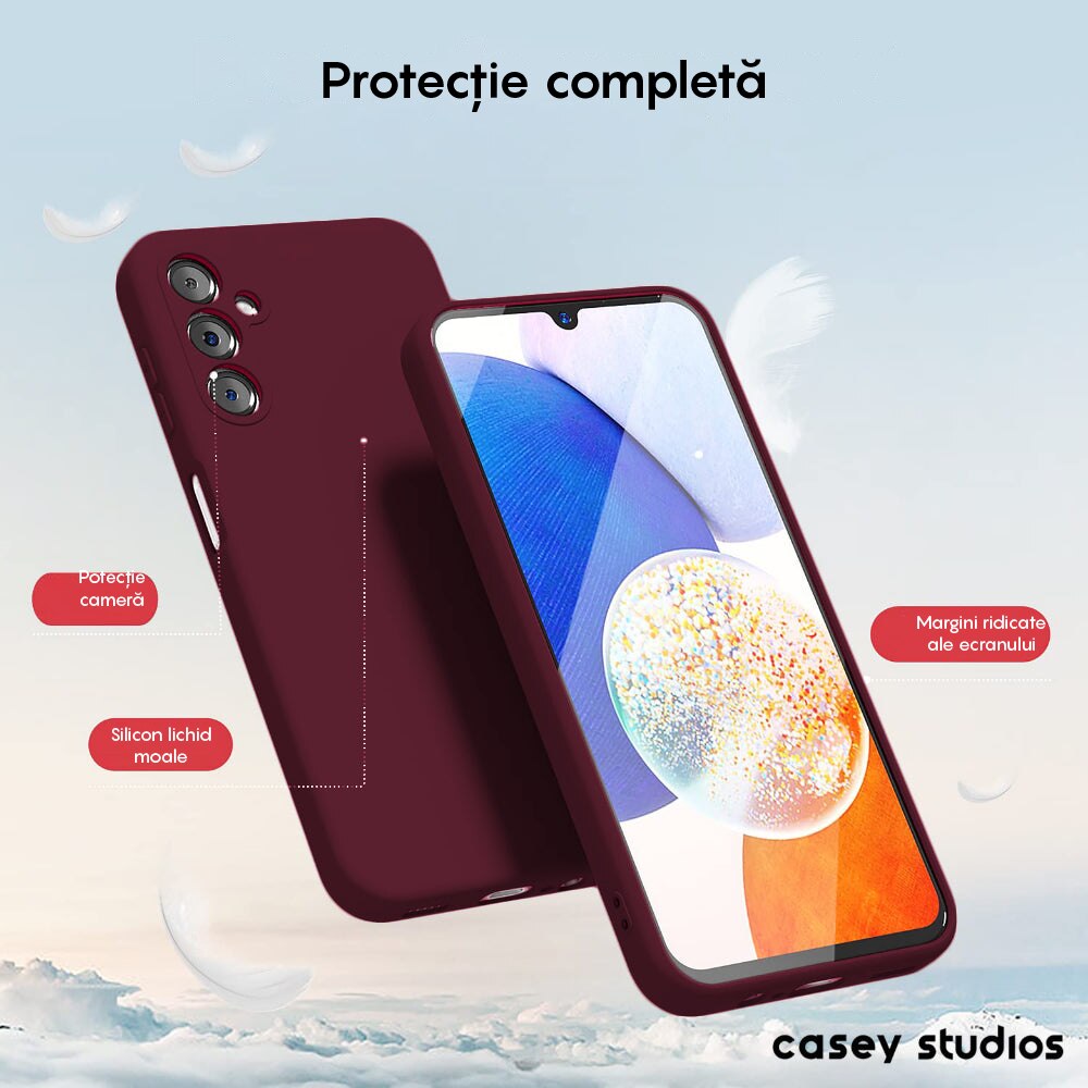 Husa CASEY STUDIOS™ compatibila cu Samsung Galaxy A14 4G/5G, Soft Silicone Premium, Microfibra in Interior, de Protectie, Ultra Slim, pentru Incarcare Wireless, Margini Ridicate pentru Protectia Ecranului si a Camerelor, Bordeaux