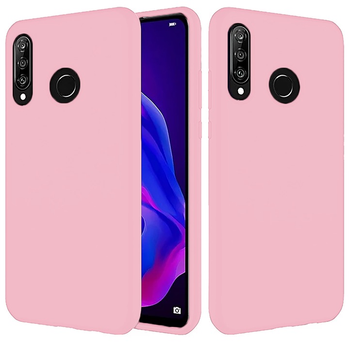 Кейс CASEY STUDIOS™, съвместим с Huawei P30 Lite/P30 Lite New Edition, мек силикон Premium, микрофибърна вътрешна част, защитен, ултра тънък, за безжично зареждане, повдигнати ръбове за защита на екрана и камерата, розов