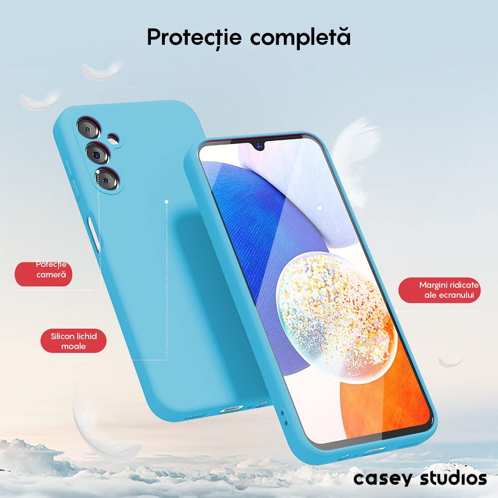 Husa CASEY STUDIOS™ compatibila cu Samsung Galaxy A14 4G/5G, Soft Silicone Premium, Microfibra in Interior, de Protectie, Ultra Slim, pentru Incarcare Wireless, Margini Ridicate pentru Protectia Ecranului si a Camerelor, Albastru aquamarin