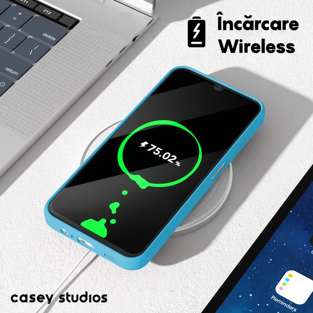 Husa CASEY STUDIOS™ compatibila cu Samsung Galaxy A14 4G/5G, Soft Silicone Premium, Microfibra in Interior, de Protectie, Ultra Slim, pentru Incarcare Wireless, Margini Ridicate pentru Protectia Ecranului si a Camerelor, Albastru aquamarin