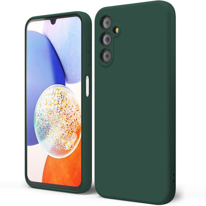 Кейс CASEY STUDIOS™, съвместим с Samsung Galaxy A14 4G/5G, мек силиконов премиум, микрофибърна вътрешна част, защитен, ултра тънък, за безжично зареждане, повдигнати ръбове за защита на екрана и камерата, тъмнозелен