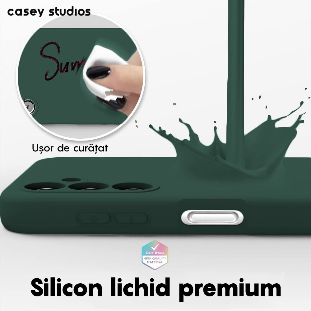 Husa CASEY STUDIOS™ compatibila cu Samsung Galaxy A14 4G/5G, Soft Silicone Premium, Microfibra in Interior, de Protectie, Ultra Slim, pentru Incarcare Wireless, Margini Ridicate pentru Protectia Ecranului si a Camerelor, Verde inchis