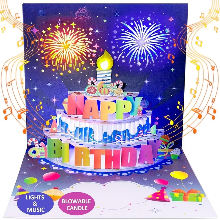 3D születésnapi üdvözlőlap tortával és tűzijátékkal, musical, 15x15cm