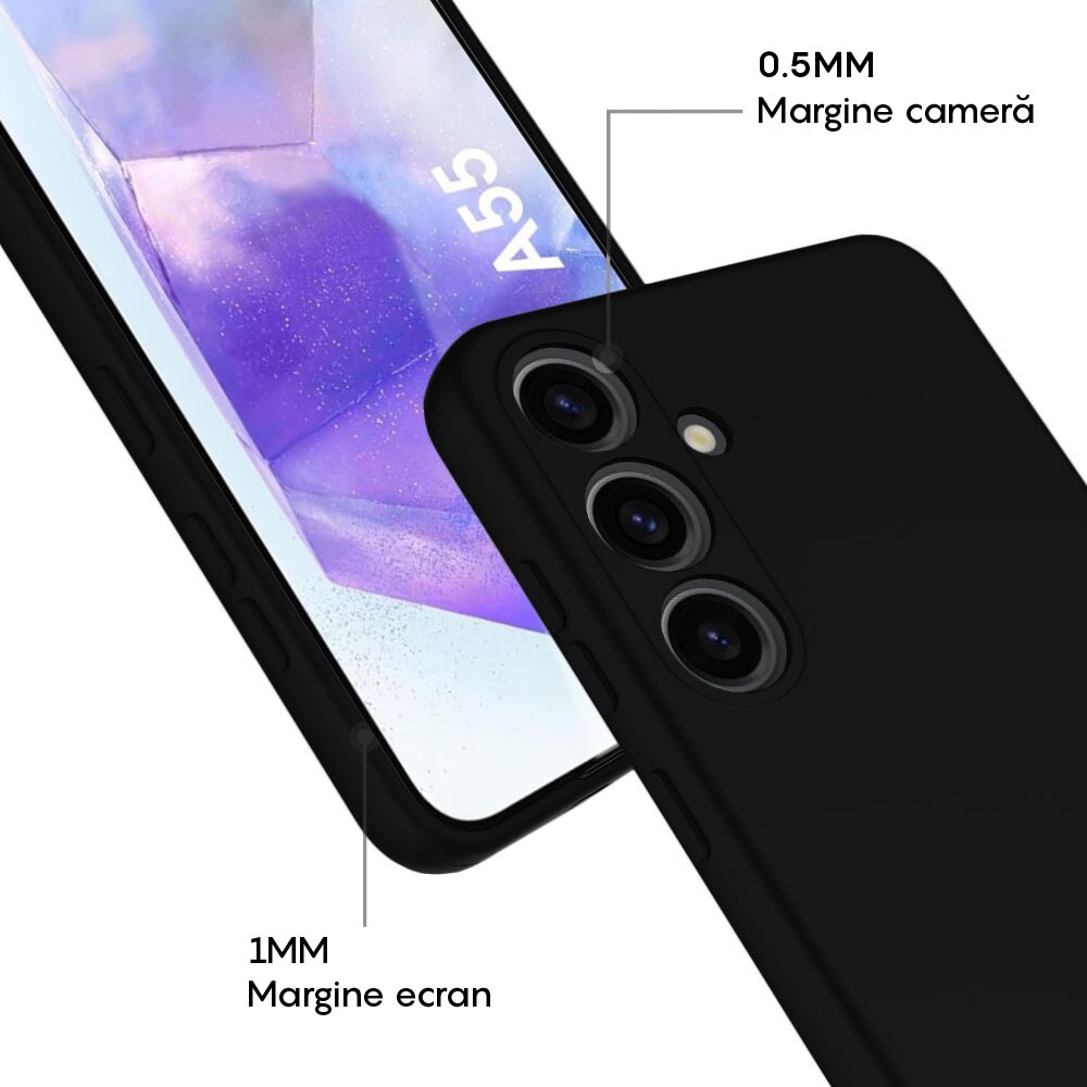 Husa CASEY STUDIOS™ compatibila cu Samsung Galaxy A55 5G, Soft Silicone Premium, Microfibra in Interior, de Protectie, Ultra Slim, pentru Incarcare Wireless, Margini Ridicate pentru Protectia Ecranului si a Camerelor, Negru