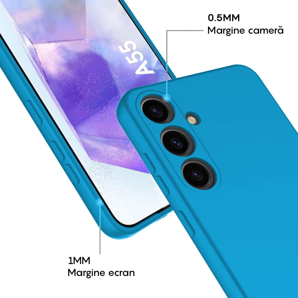 Husa CASEY STUDIOS™ compatibila cu Samsung Galaxy A55 5G, Soft Silicone Premium, Microfibra in Interior, de Protectie, Ultra Slim, pentru Incarcare Wireless, Margini Ridicate pentru Protectia Ecranului si a Camerelor, Albastru aquamarin