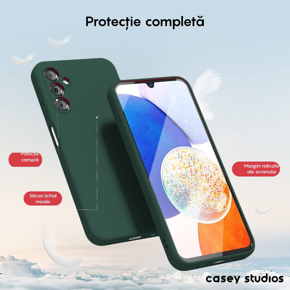 Husa CASEY STUDIOS™ compatibila cu Samsung Galaxy A14 4G/5G, Soft Silicone Premium, Microfibra in Interior, de Protectie, Ultra Slim, pentru Incarcare Wireless, Margini Ridicate pentru Protectia Ecranului si a Camerelor, Verde inchis