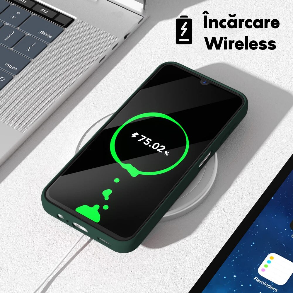 Husa CASEY STUDIOS™ compatibila cu Samsung Galaxy A14 4G/5G, Soft Silicone Premium, Microfibra in Interior, de Protectie, Ultra Slim, pentru Incarcare Wireless, Margini Ridicate pentru Protectia Ecranului si a Camerelor, Verde inchis