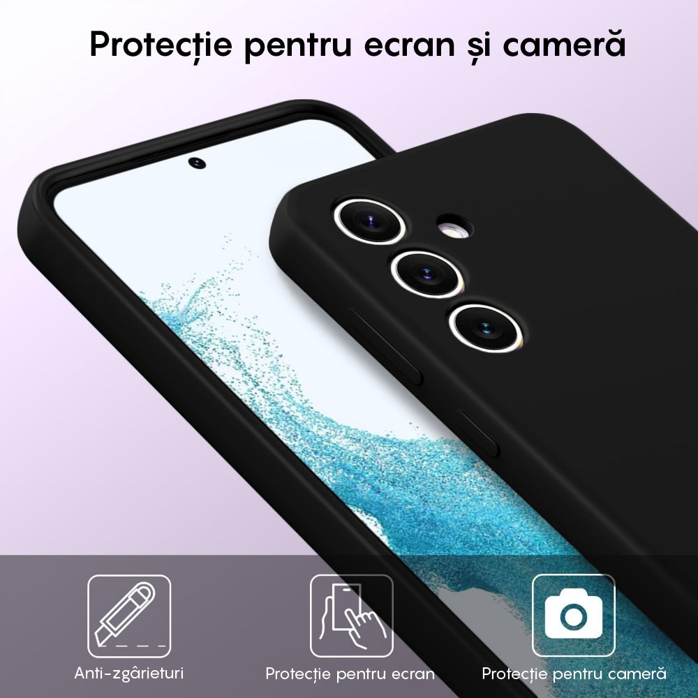 Husa CASEY STUDIOS™ compatibila cu Samsung Galaxy S24, Soft Silicone Premium, Microfibra in Interior, de Protectie, Ultra Slim, pentru Incarcare Wireless, Margini Ridicate pentru Protectia Ecranului si a Camerelor, Negru