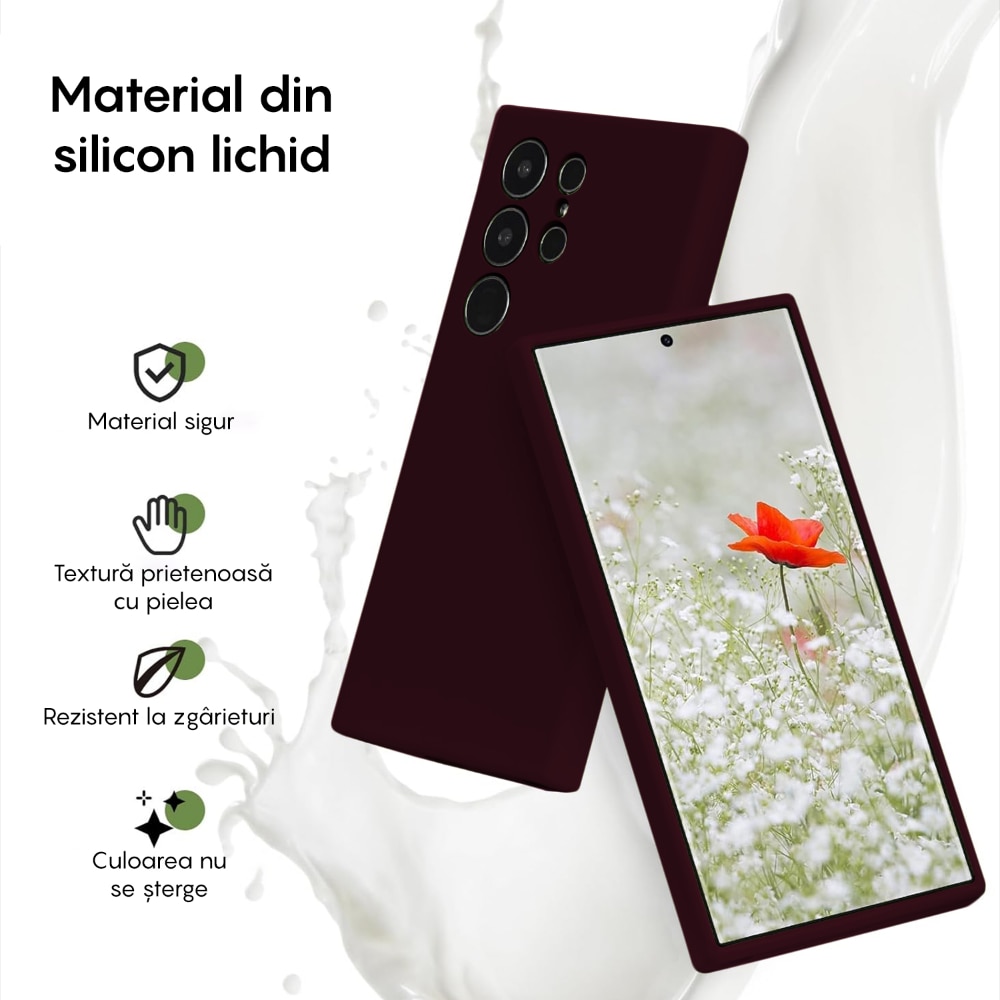 Husa CASEY STUDIOS™ compatibila cu Samsung Galaxy S24 Ultra, Soft Silicone Premium, Microfibra in Interior, pentru Incarcare Wireless, Margini Ridicate pentru Protectia Ecranului si a Camerelor, Bordeaux