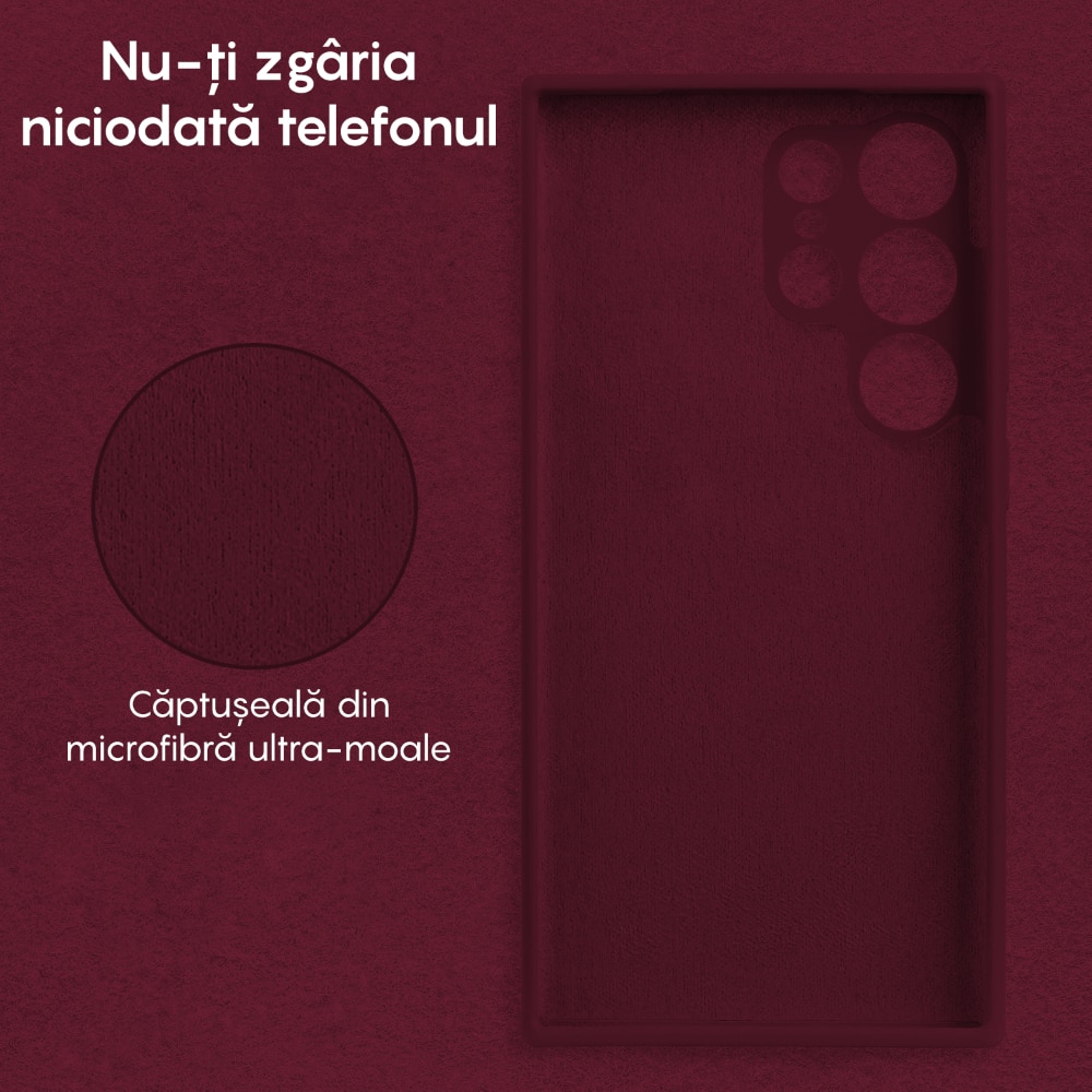 Husa CASEY STUDIOS™ compatibila cu Samsung Galaxy S24 Ultra, Soft Silicone Premium, Microfibra in Interior, pentru Incarcare Wireless, Margini Ridicate pentru Protectia Ecranului si a Camerelor, Bordeaux