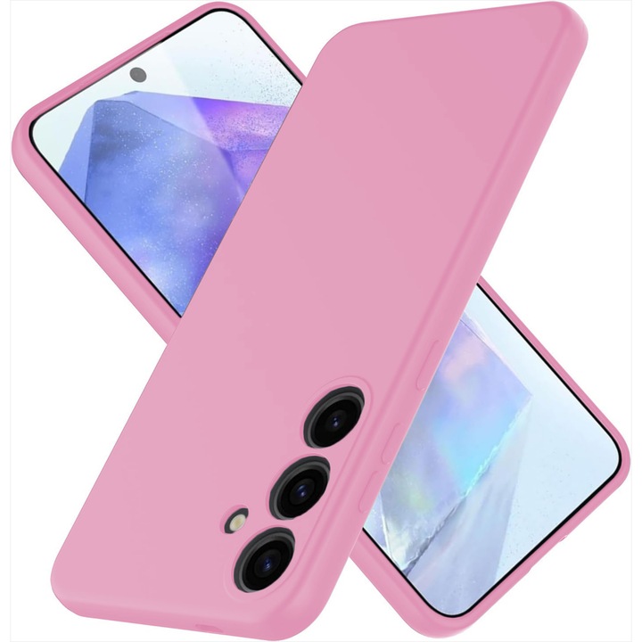 Кейс CASEY STUDIOS™, съвместим с Samsung Galaxy A55 5G, мек силикон Premium, микрофибърна вътрешна част, защитен, ултра тънък, за безжично зареждане, повдигнати ръбове за защита на екрана и камерата, розов